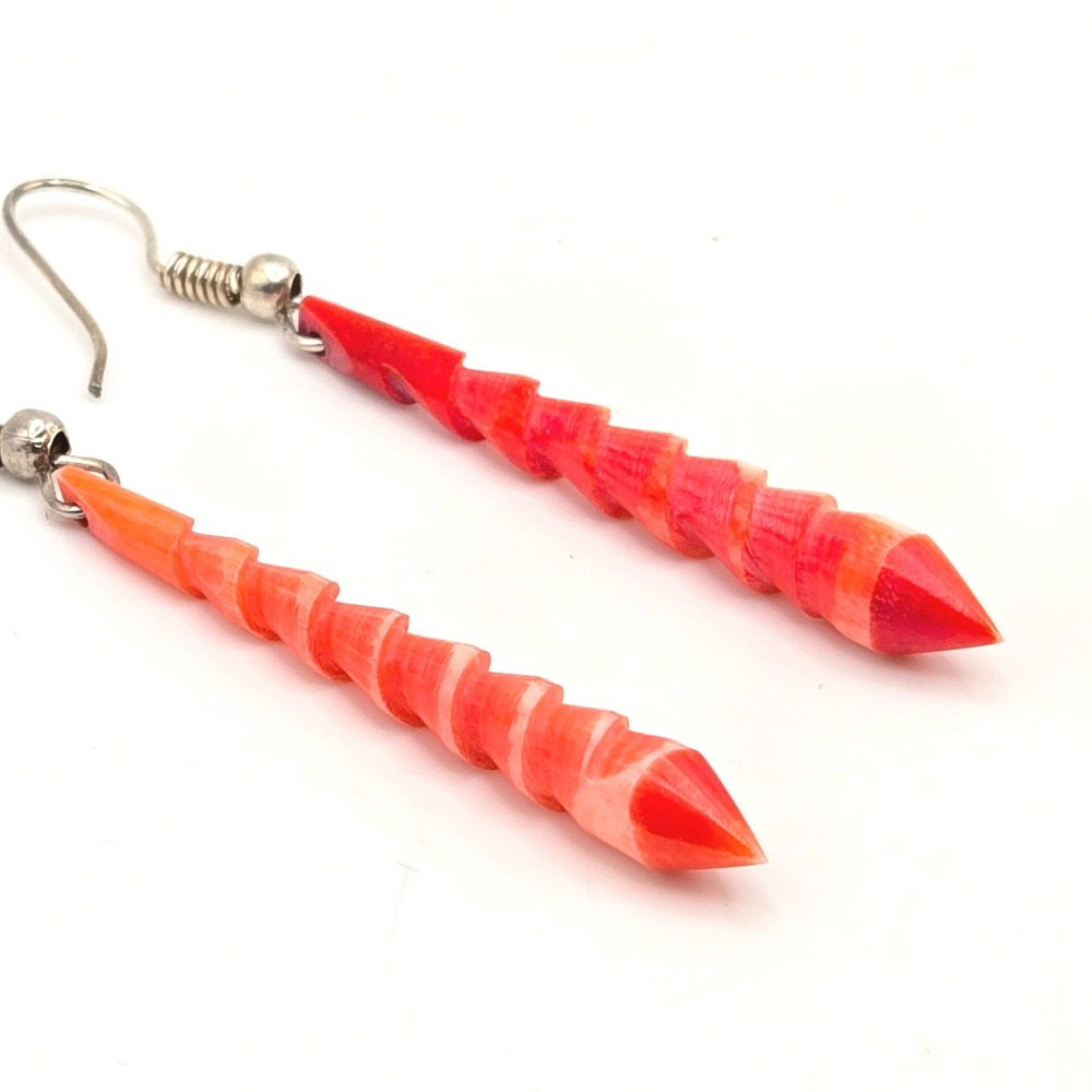 Handmade Red Orange Carved Shell Spiral Cone Drop Earrings Silver Tone Hooks - Picture 3 of 7